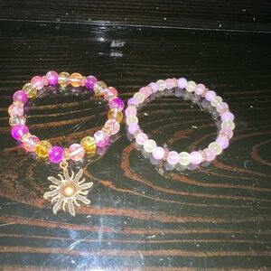 Set of Two Beaded Stretch Bracelets in Pink, Purple & Gold, Homemade